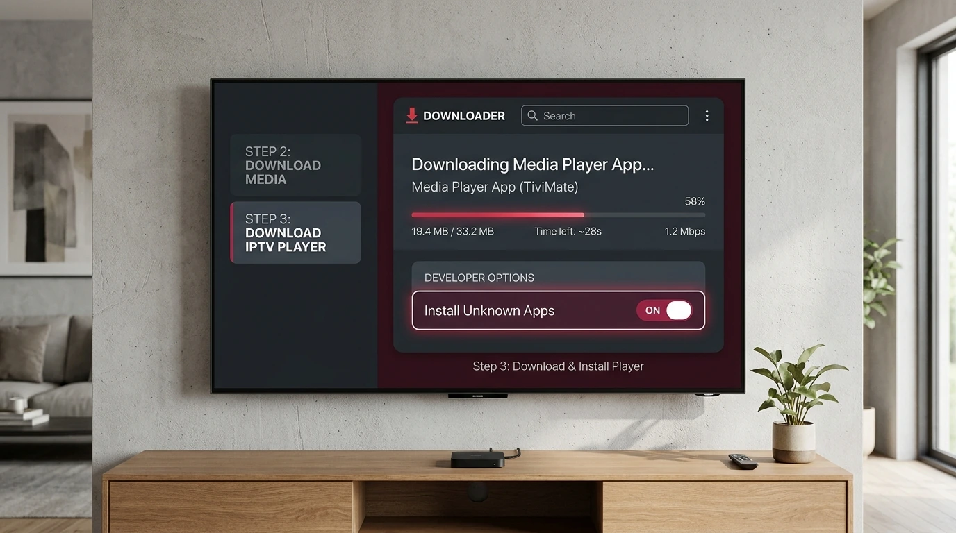 IPTV Firestick installation av mediaspelare via Downloader och Okända Källor på TV skärm